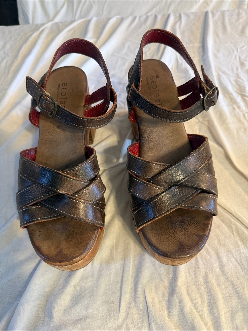 Bed Stu Dark Brown Leather Crisscross Wedge Sandals Size 9W
